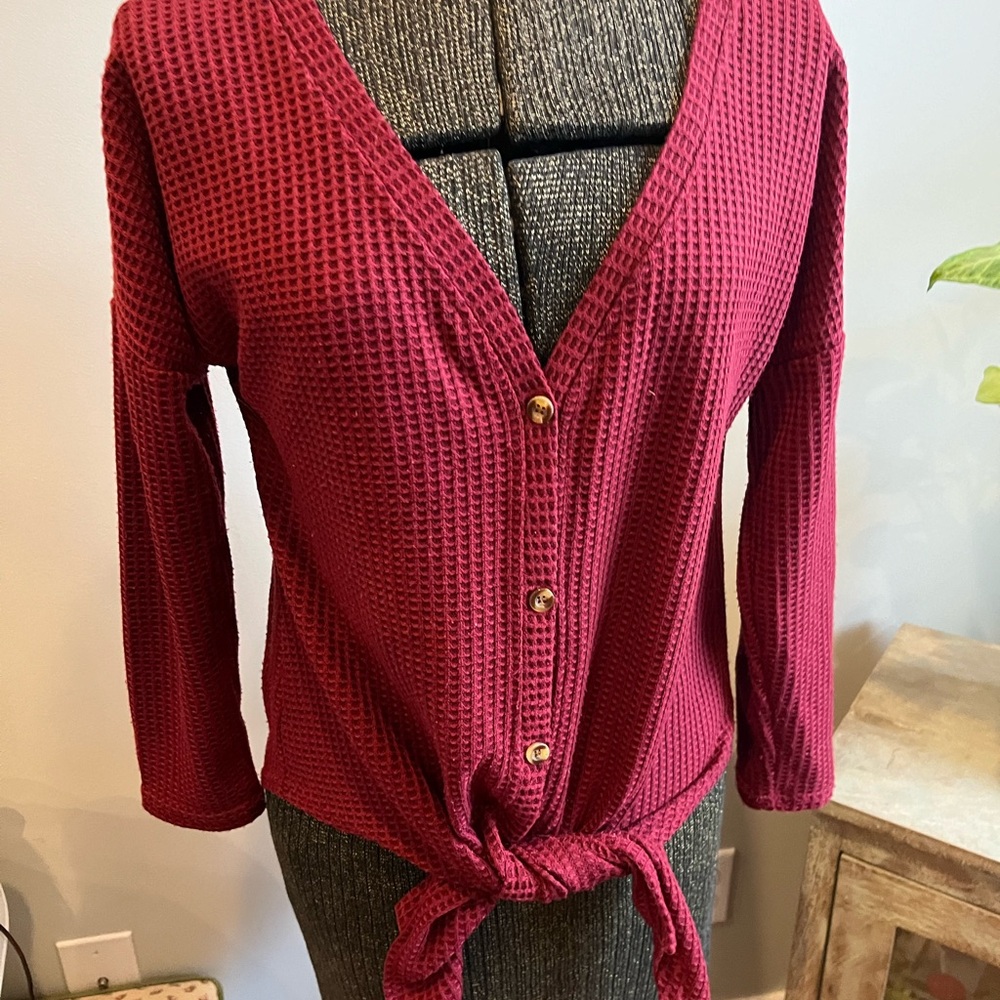 Waffle Textured Burgundy Top Oversized XS